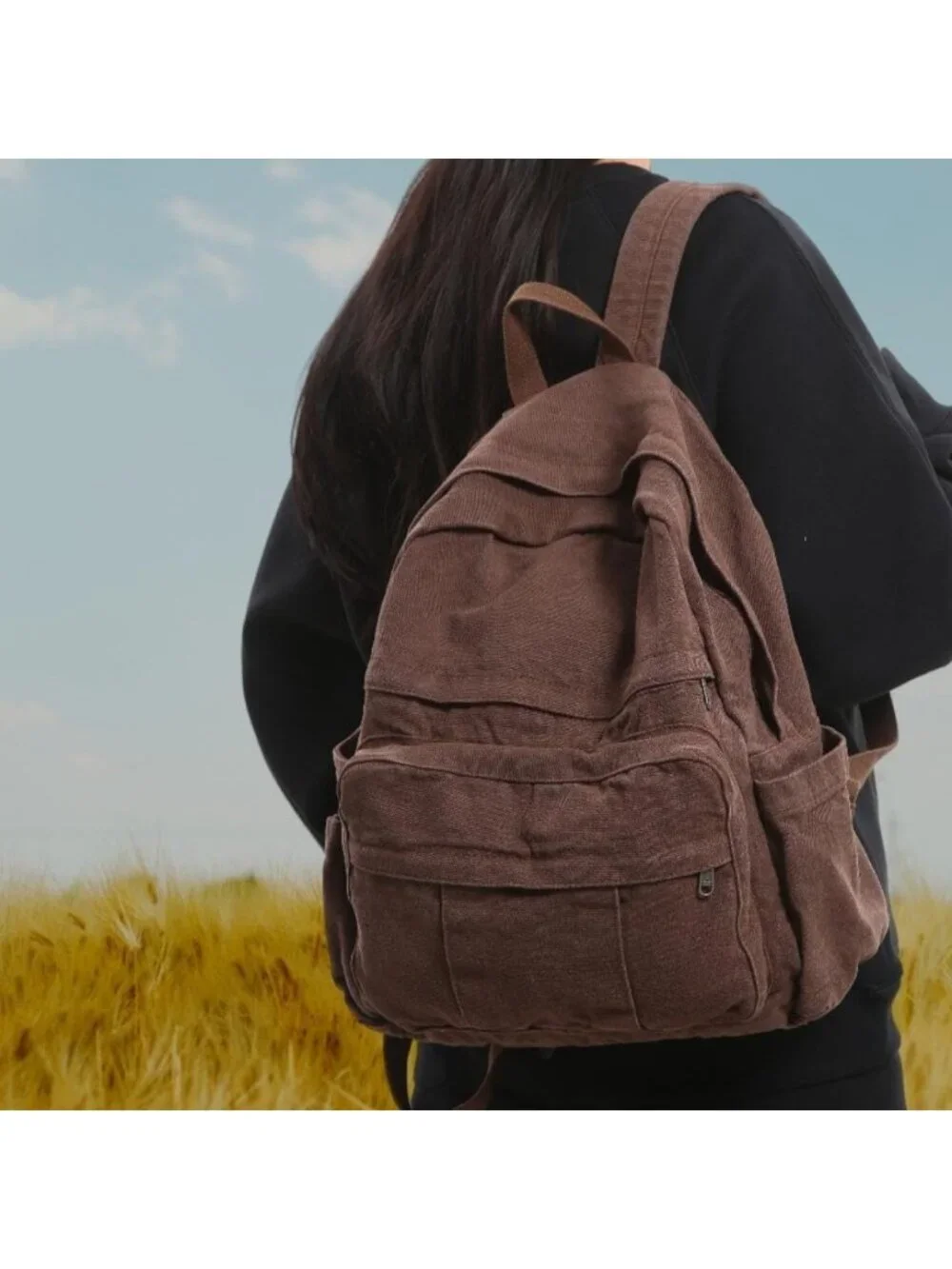 Coffee Brown Canvas Backpack - Retro Aesthetic Rucksack for Students & Travel